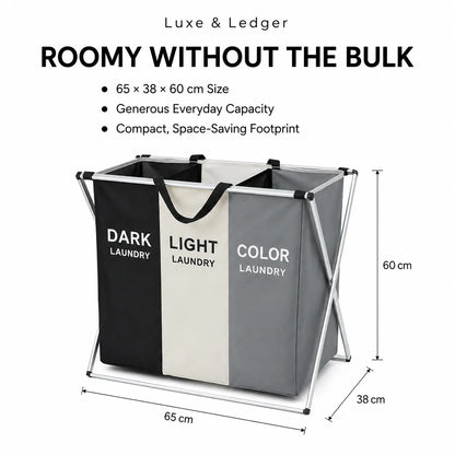 Three-panel fabric laundry hamper with a metal frame, labeled DARK LAUNDRY, LIGHT LAUNDRY, and COLOR LAUNDRY, shown with dimension callouts and the text 'ROOMY WITHOUT THE BULK' on a white background.