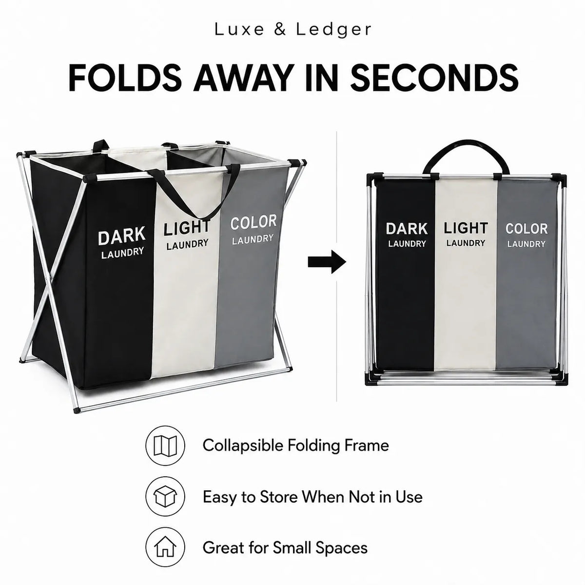 A laundry hamper shown on a white background with marketing text and feature icons. The hamper has three vertical fabric panels in black, off-white, and gray, with black handles and a black metal frame.