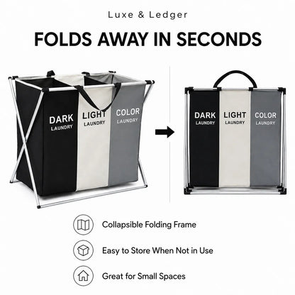 A laundry hamper shown on a white background with marketing text and feature icons. The hamper has three vertical fabric panels in black, off-white, and gray, with black handles and a black metal frame.