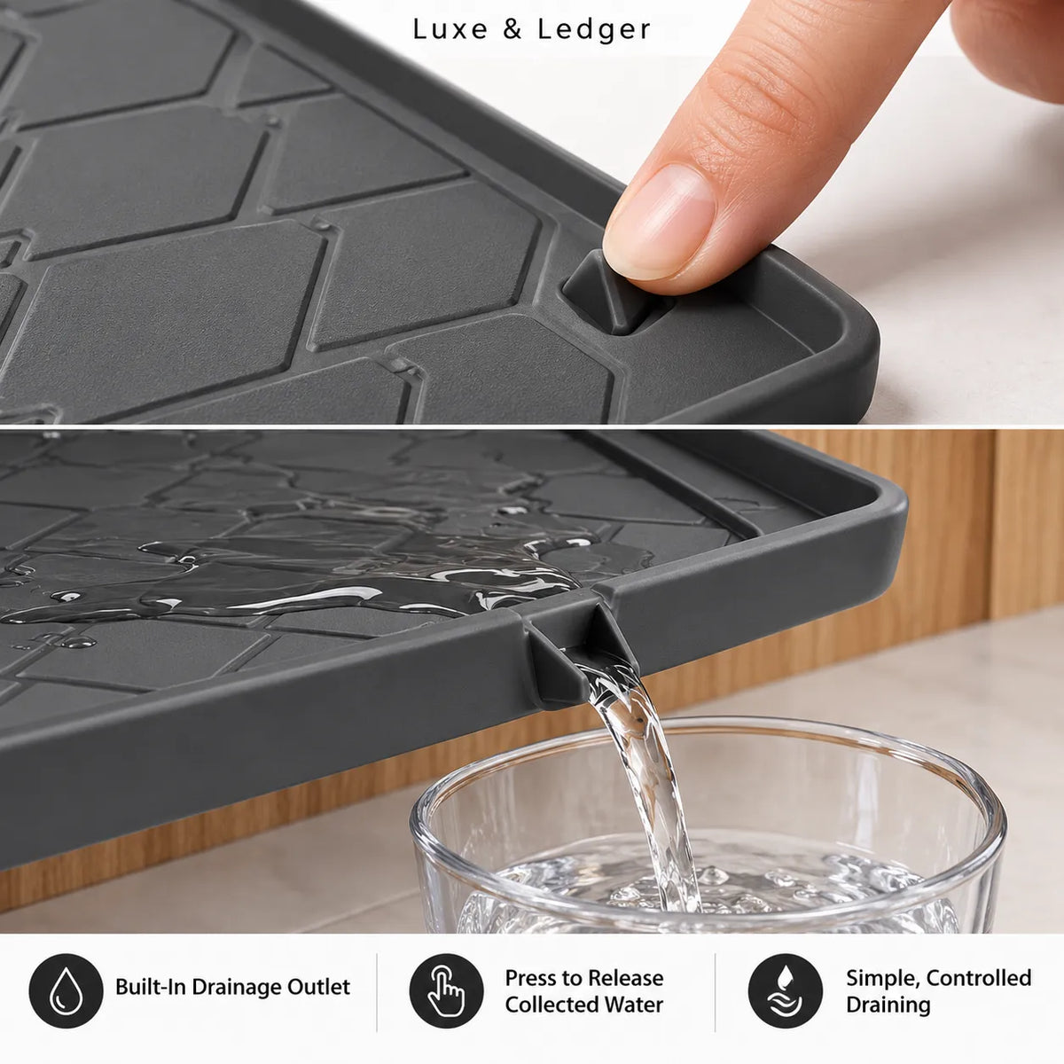 A close-up of a dark gray silicone kitchen draining mat with a finger pressing a release button, shown in two panels. The top panel includes the text 'Luxe & Ledger' and the bottom panel shows water draining into a glass, with feature icons for 'Built-in Drainage Outlet', 'Press to Release Collected Water', and 'Simple, Controlled Draining'.