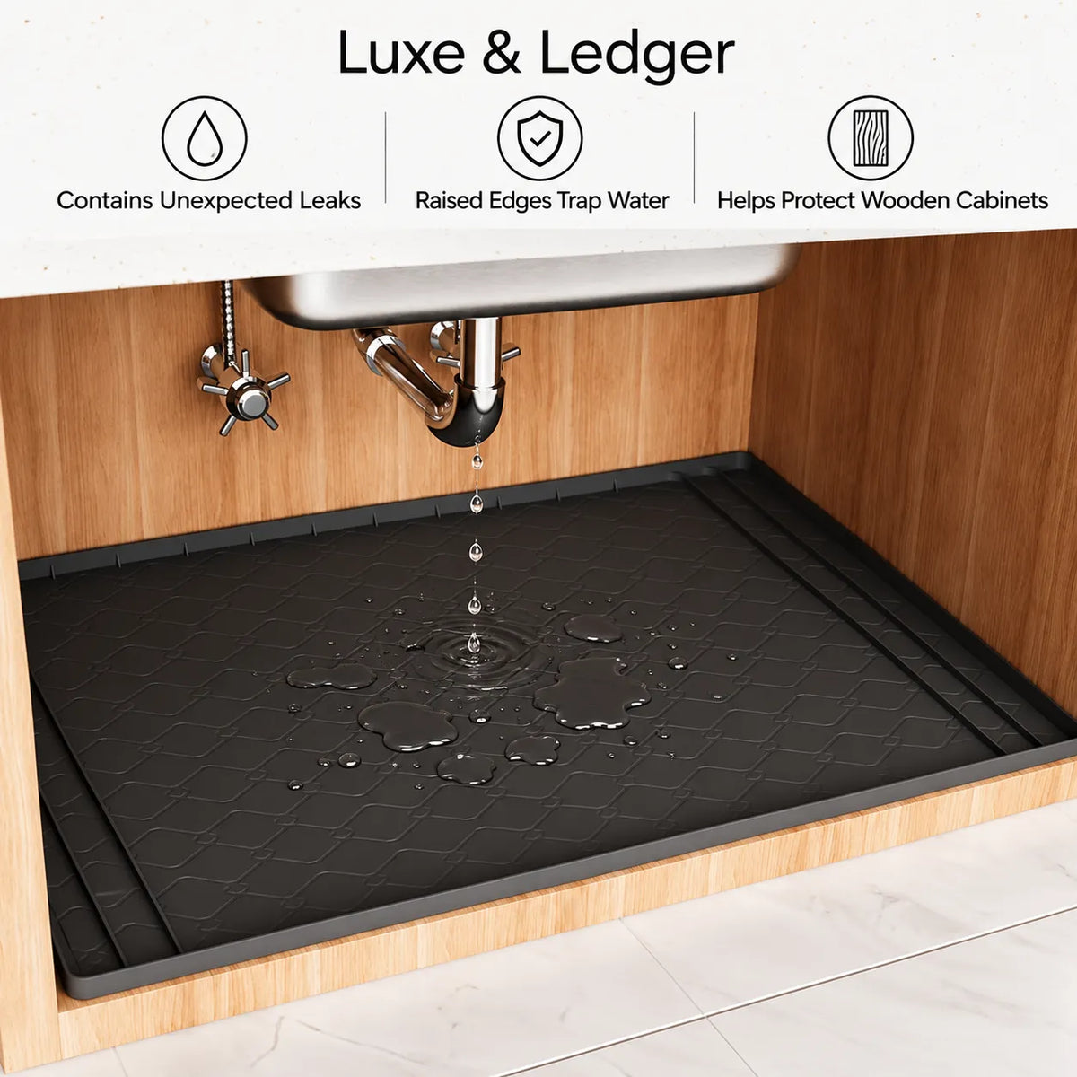A black rubber kitchen sink drain mat shown installed inside a wooden cabinet beneath a sink, with water pooling on the surface. The top of the image includes marketing text and icons reading 'Luxe & Ledger' with feature callouts about leak containment, trapped water, and protection for wooden cabinets.