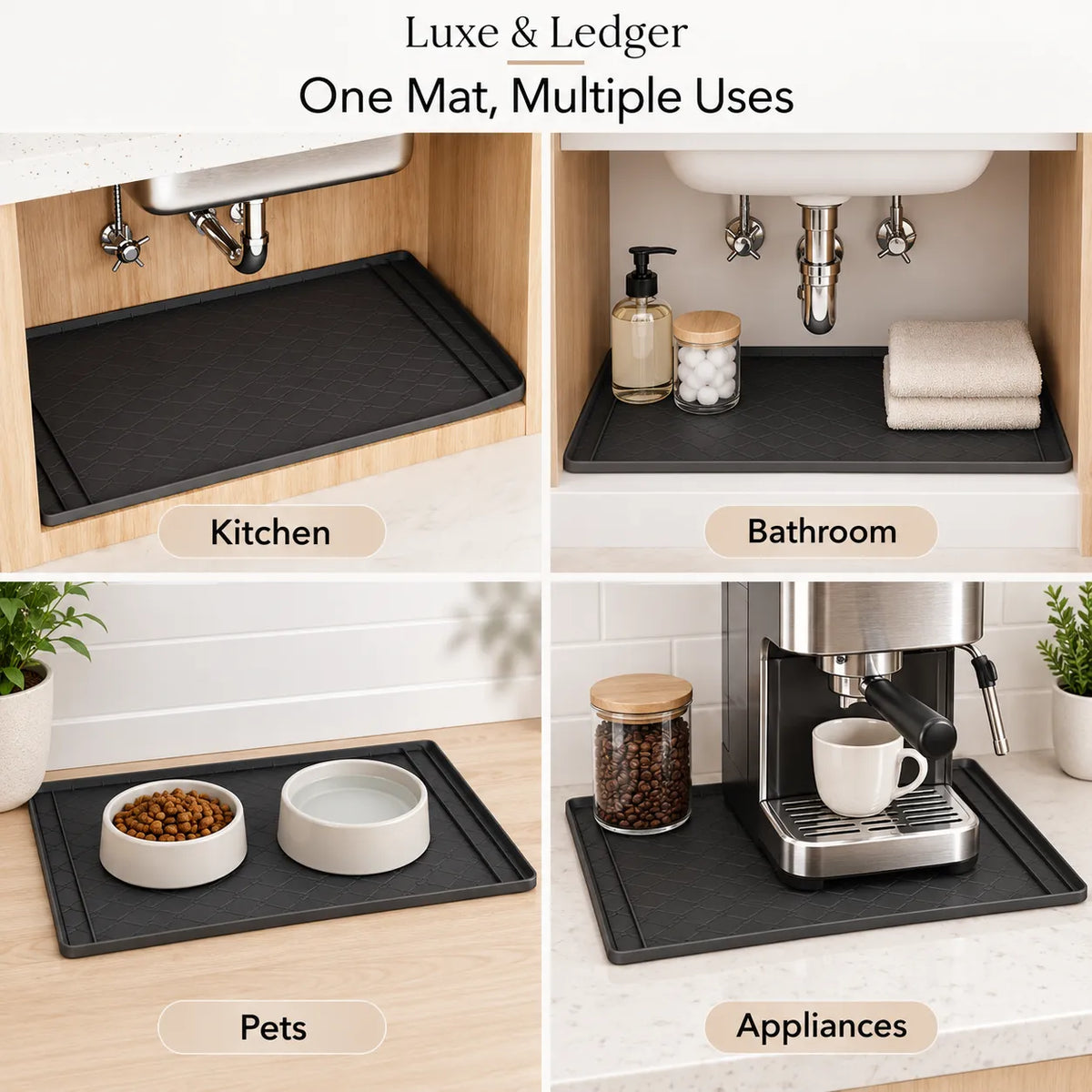 A 2x2 collage showing a black rectangular mat in four real-world settings: under a kitchen sink labeled Kitchen, under a bathroom sink labeled Bathroom, beside pet bowls on a countertop labeled Pets, and under an espresso machine labeled Appliances. The top text reads 'Luxe & Ledger One Mat, Multiple Uses.