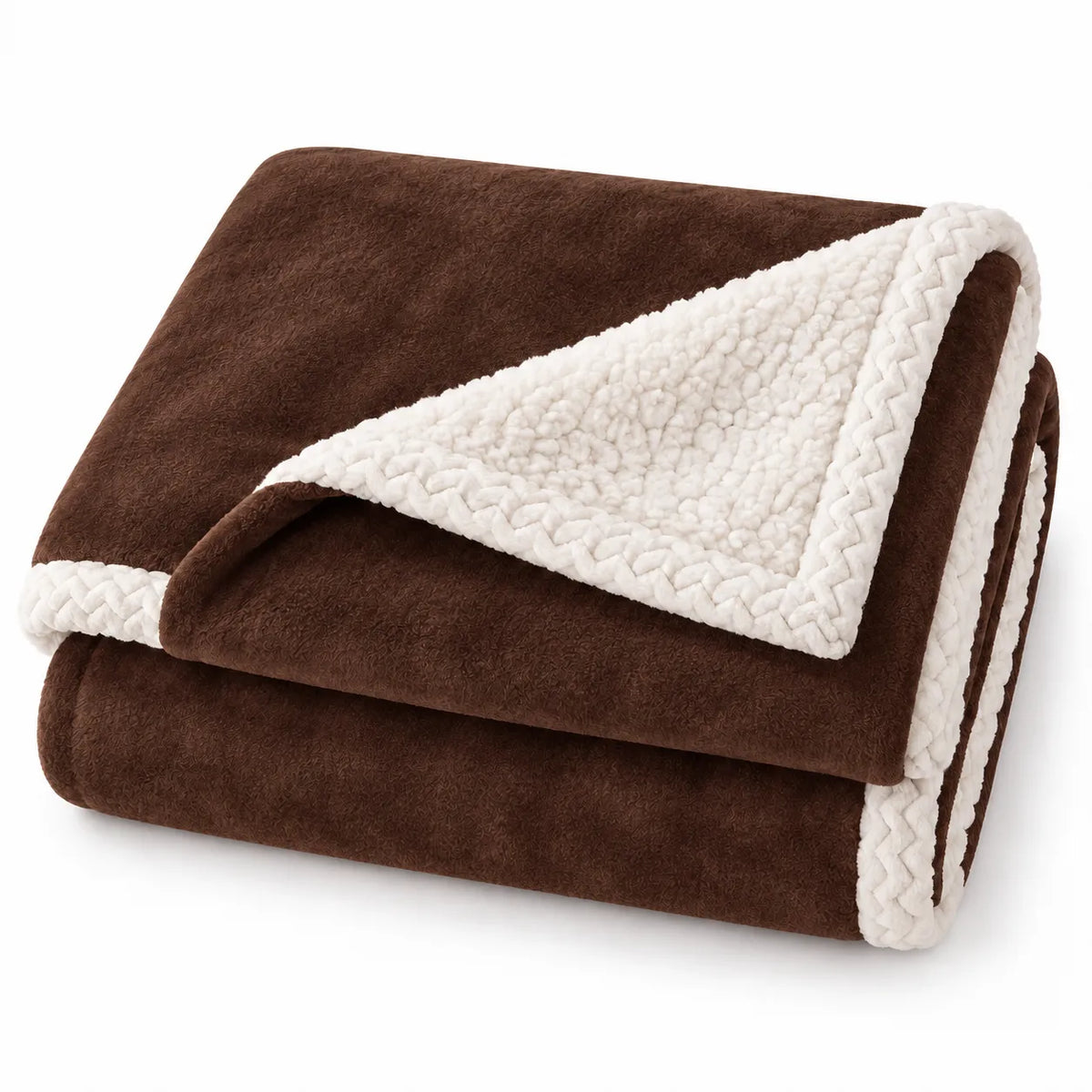A folded fleece blanket with a rich brown sherpa side and a cream sherpa reverse side, finished with braided trim, shown on a clean white background.