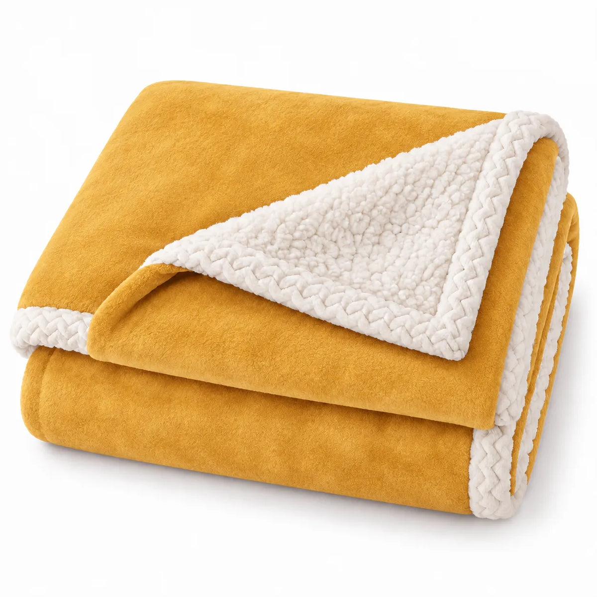 A folded plush blanket in mustard yellow with a cream sherpa lining and braided trim, shown on a clean white background.