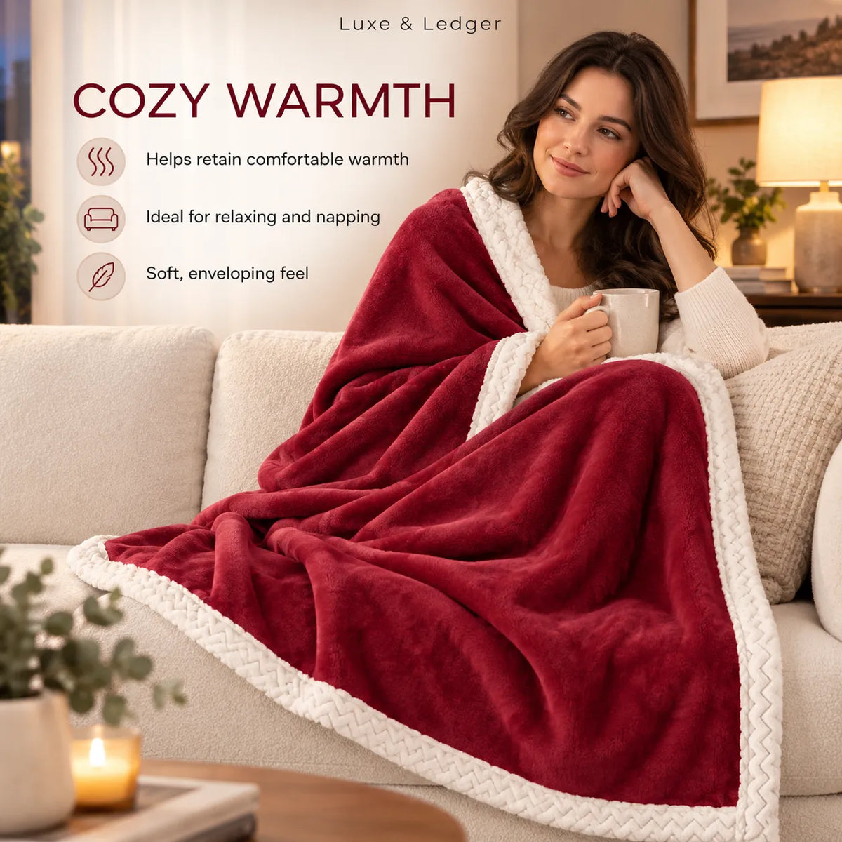 A woman sits on a beige sofa wrapped in a plush red blanket with a white braided border, holding a mug in a cozy living room. Text on the left reads 'COZY WARMTH' with feature icons, and 'Luxe & Ledger' appears at the top.