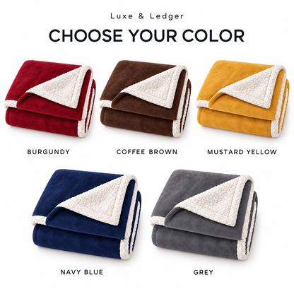A color selection graphic for Luxe & Ledger fleece blankets, showing five folded blankets with sherpa lining on a white background: burgundy, coffee brown, mustard yellow, navy blue, and grey, each labeled with its color name.
