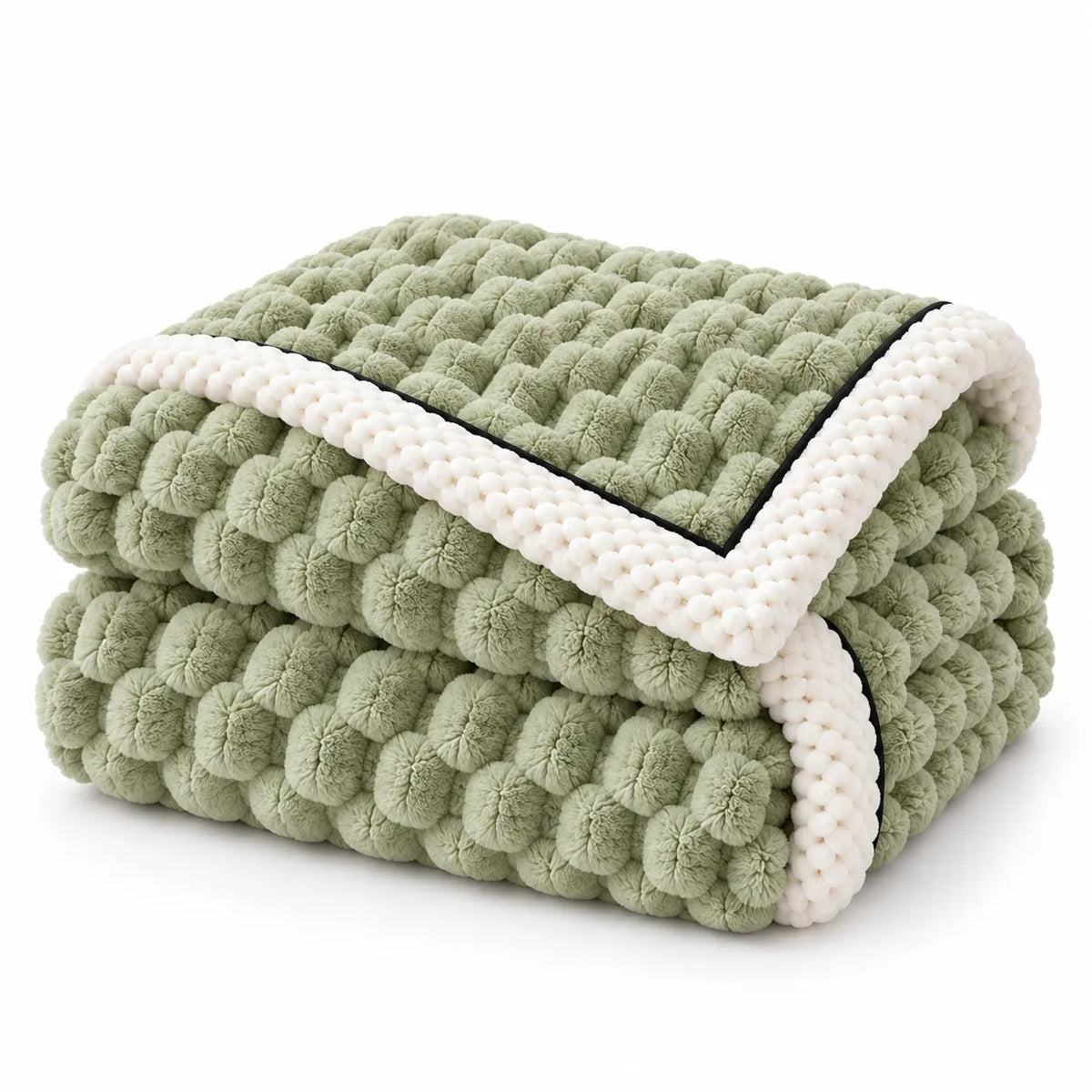 A folded textured blanket with a light sage green boucle-style surface and thick cream-colored trim, shown on a clean white background.