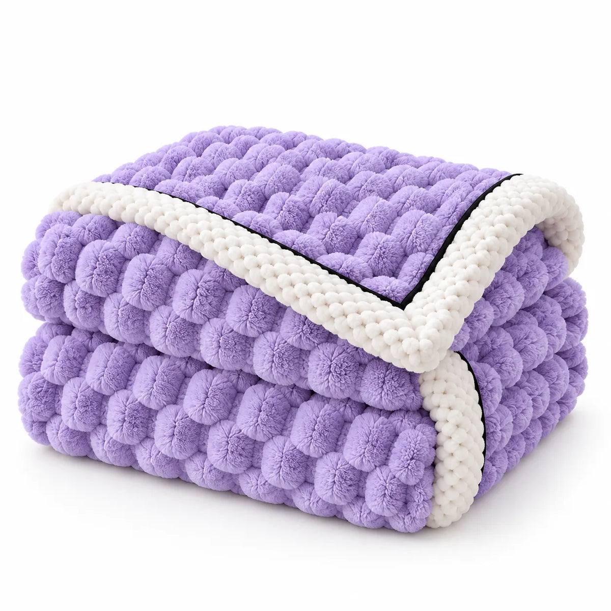 A folded plush textured blanket in light purple with a thick cream-colored braided border, shown on a clean white background.