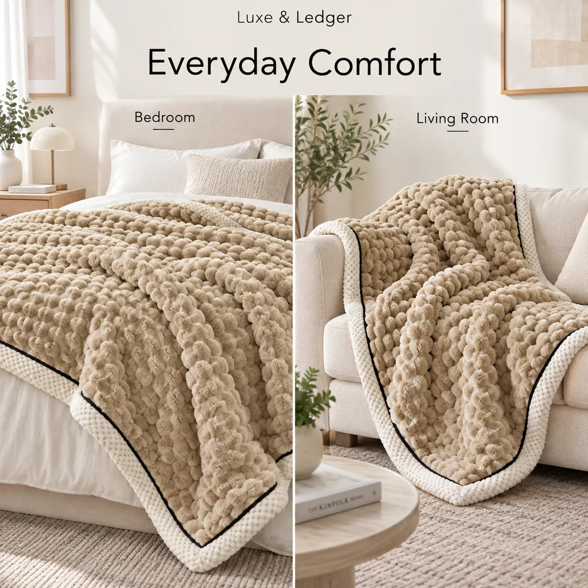 A split lifestyle image showing a chunky knit throw blanket in a bedroom and living room setting. The blanket is beige with a cream border and a thin black edge trim.