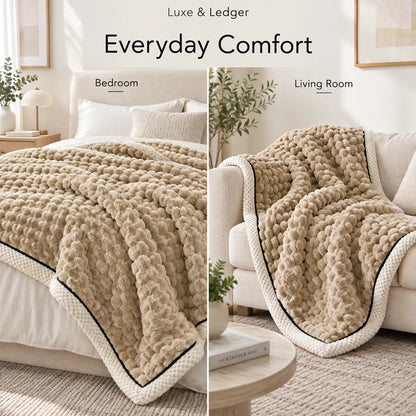 A split lifestyle image showing a chunky knit throw blanket in a bedroom and living room setting. The blanket is beige with a cream border and a thin black edge trim.