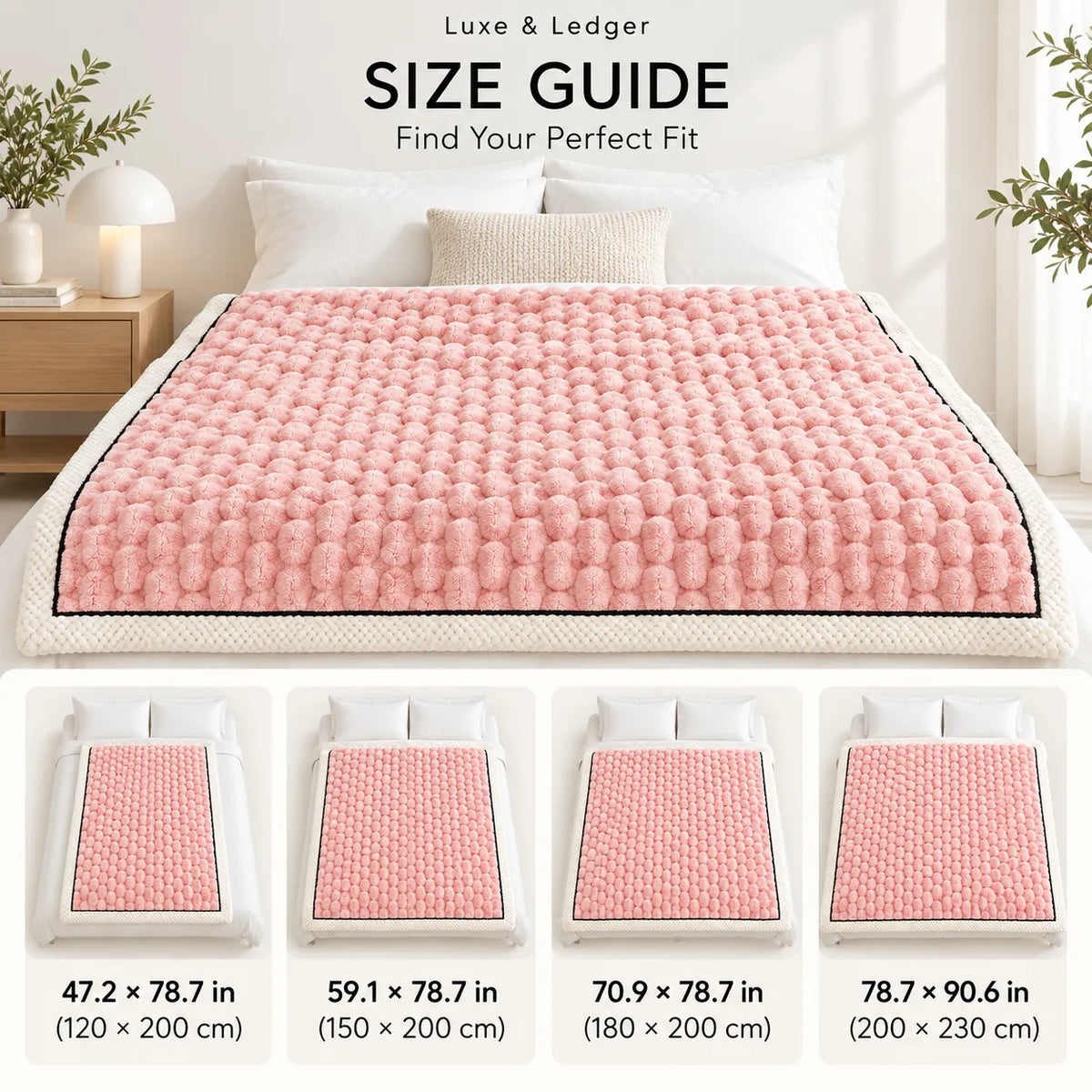 A size guide graphic for a pink textured mattress topper or bedding pad, showing a large bed with the product and four smaller bed size options below with dimensions. Text at the top reads 'Luxe & Ledger SIZE GUIDE Find Your Perfect Fit'.