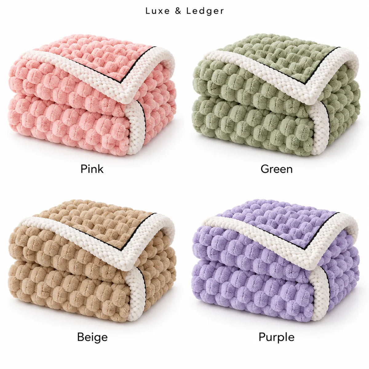 Four folded textured throw blankets shown in pink, green, beige, and purple, arranged in a 2x2 grid on a white background with the labels Pink, Green, Beige, and Purple beneath each color option.