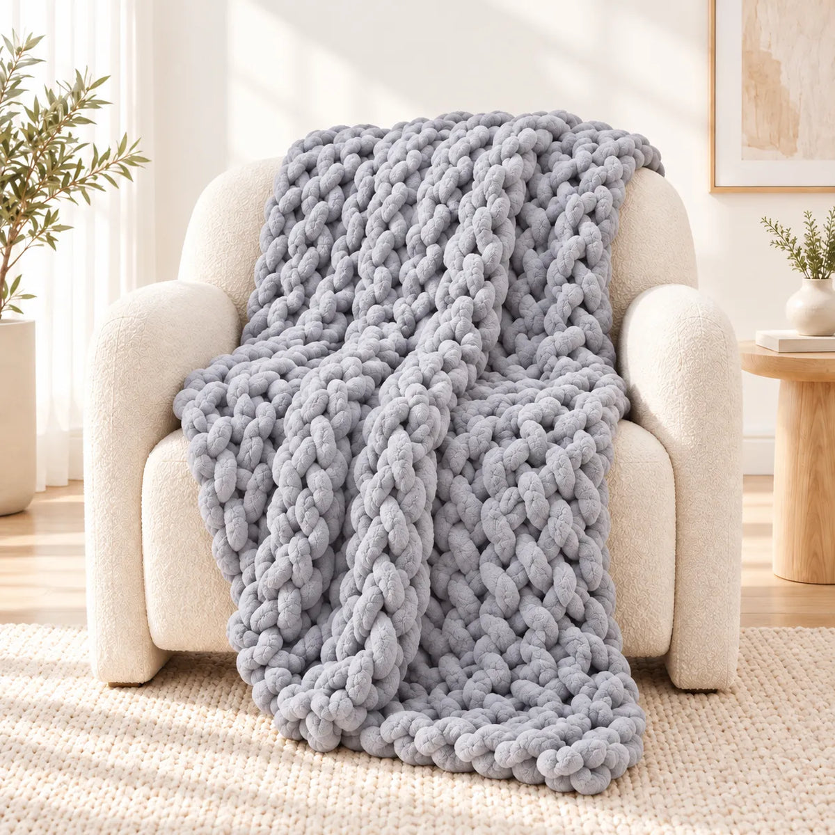 A chunky knit throw blanket in light gray is draped over a cream-colored armchair in a bright, modern living room setting.