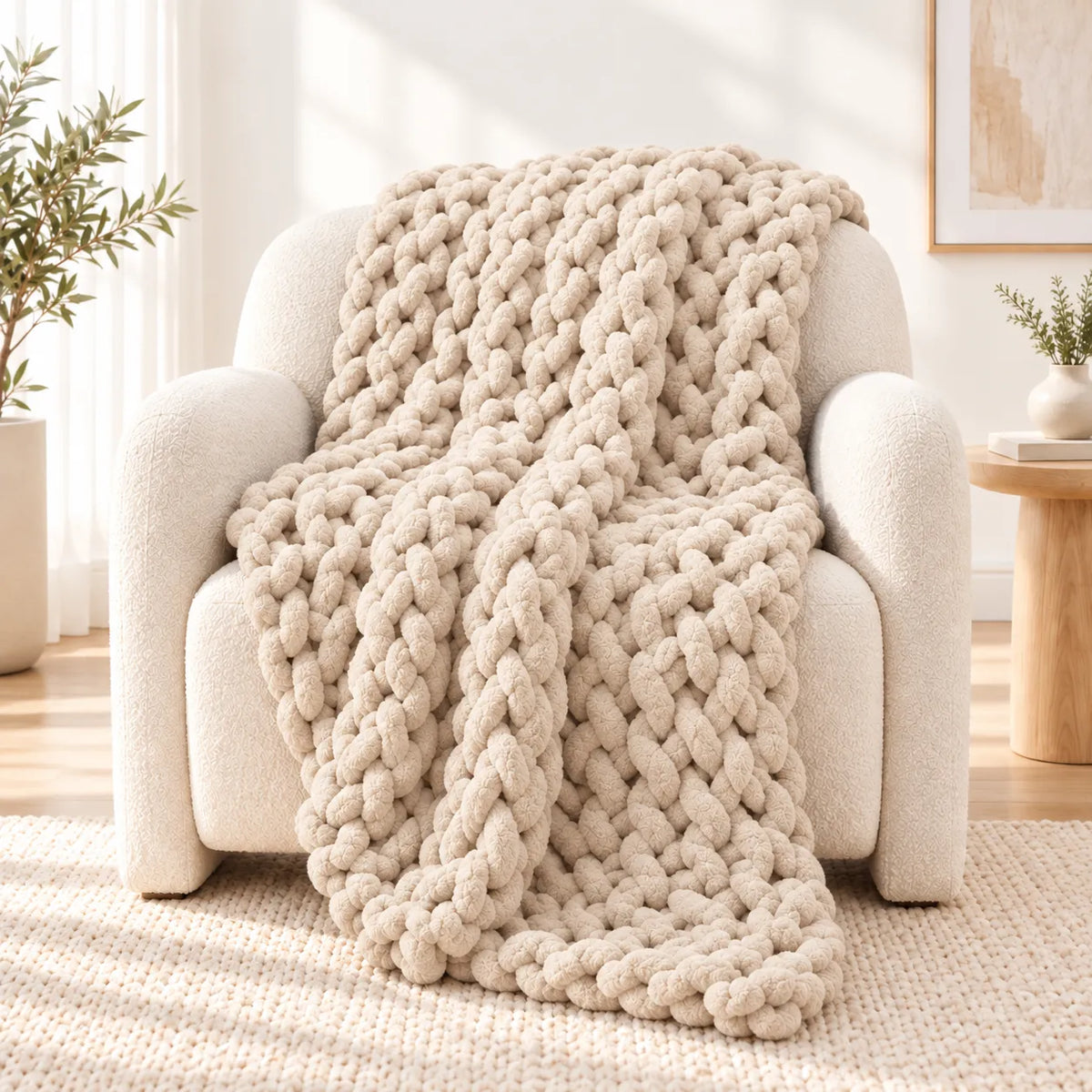 A chunky knit throw blanket in a warm cream-beige color draped over a matching boucle armchair in a bright, modern living room setting.