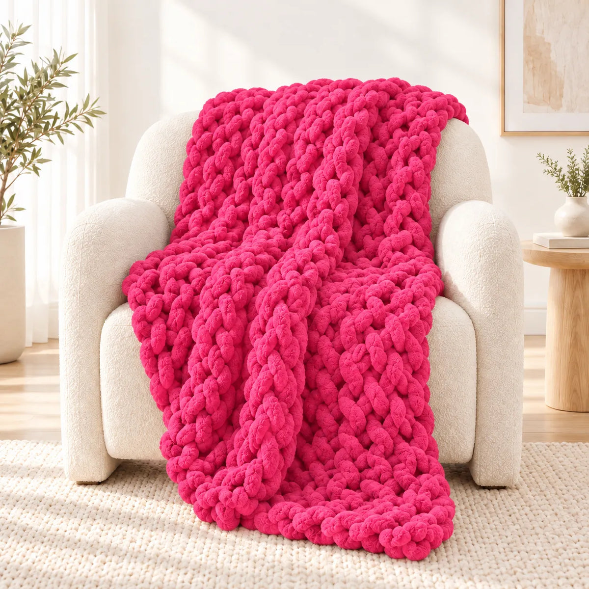 A chunky knit throw blanket in bright pink is draped over a cream-colored armchair in a sunlit living room setting.