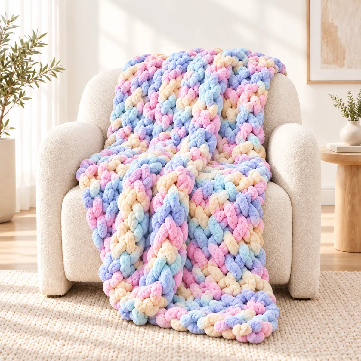 A chunky crocheted throw blanket in pastel pink, blue, yellow, and cream is draped over a cream-colored armchair in a bright, modern living room setting.