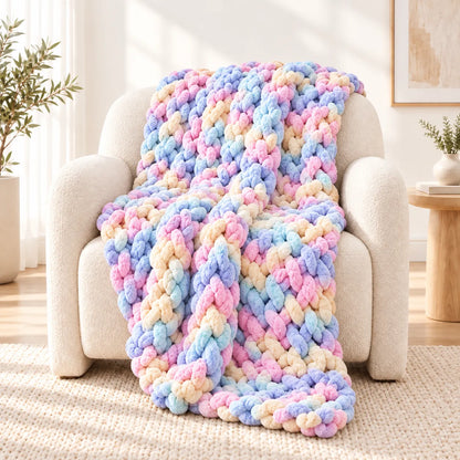 A chunky crocheted throw blanket in pastel pink, blue, yellow, and cream is draped over a cream-colored armchair in a bright, modern living room setting.
