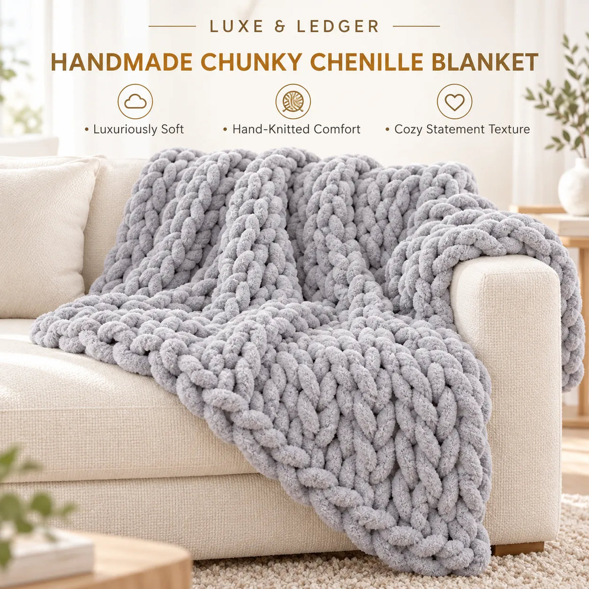 A chunky knit chenille blanket in light gray is draped over a cream sofa in a bright living room. Text at the top reads 'LUXE & LEDGER HANDMADE CHUNKY CHENILLE BLANKET' with feature callouts below.