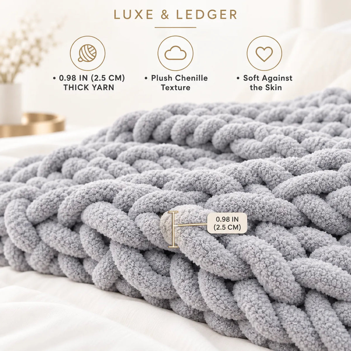 A chunky knit chenille blanket in light gray is draped over a bed, with feature callouts reading 0.98 IN (2.