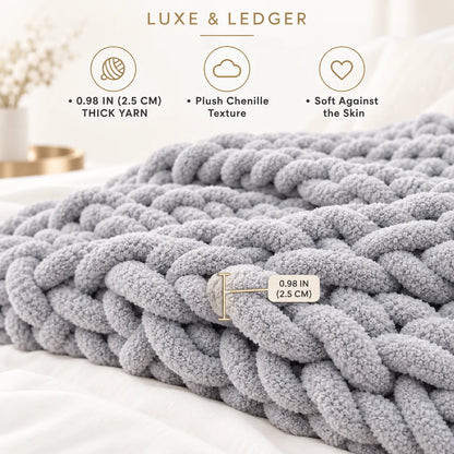 A chunky knit chenille blanket in light gray is draped over a bed, with feature callouts reading 0.98 IN (2.