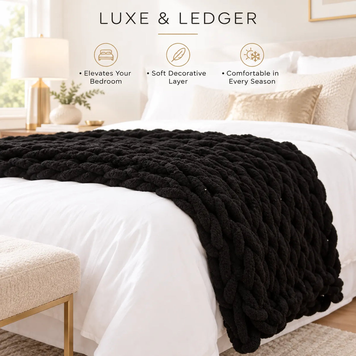 A chunky black knit throw blanket draped over a white bed in a bright bedroom setting, with the text 'LUXE & LEDGER' and three feature icons above it.