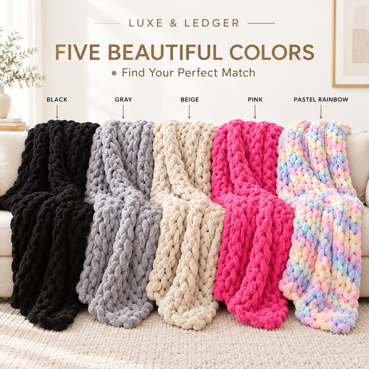 Five chunky knit throw blankets are draped side by side on a sofa in a bright living room setting. The blankets come in five colors: black, gray, beige, bright pink, and pastel rainbow.