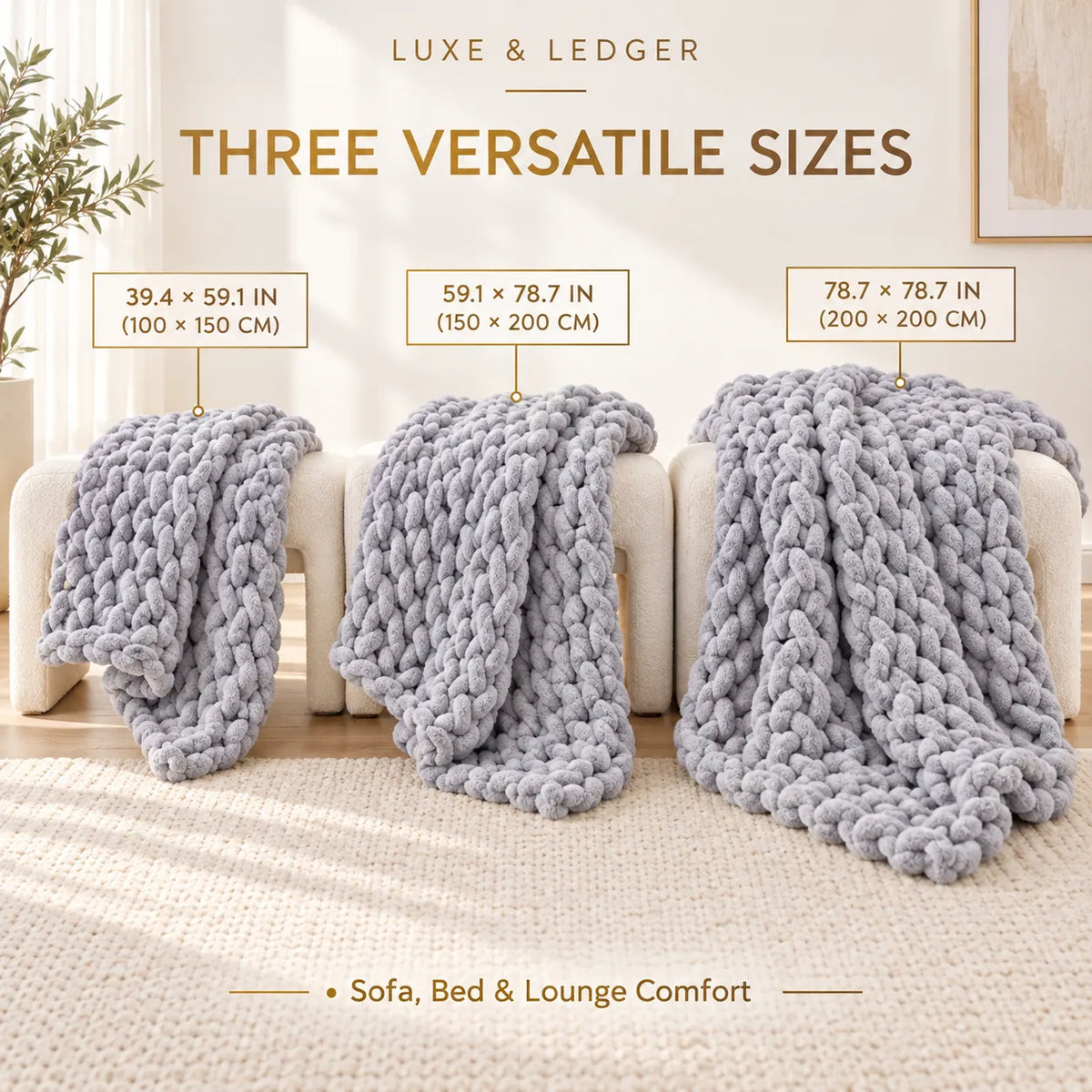 Three chunky knit throw blankets in light gray are draped over sofa cushions in a bright living room setting, with size labels above each blanket showing three different dimensions. Text at the top reads 'LUXE & LEDGER' and 'THREE VERSATILE SIZES'.