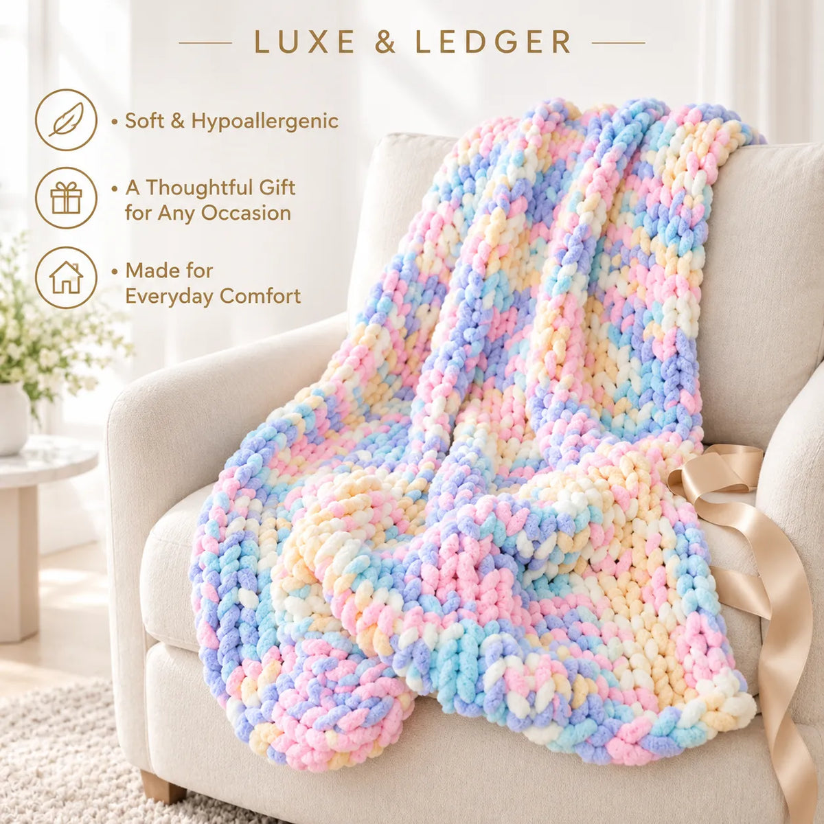 A chunky knit blanket in pastel multicolor stripes is draped over a light beige armchair in a bright, softly lit room. Text on the left reads 'LUXE & LEDGER' with feature icons for soft/hypoallergenic, thoughtful gift, and everyday comfort.