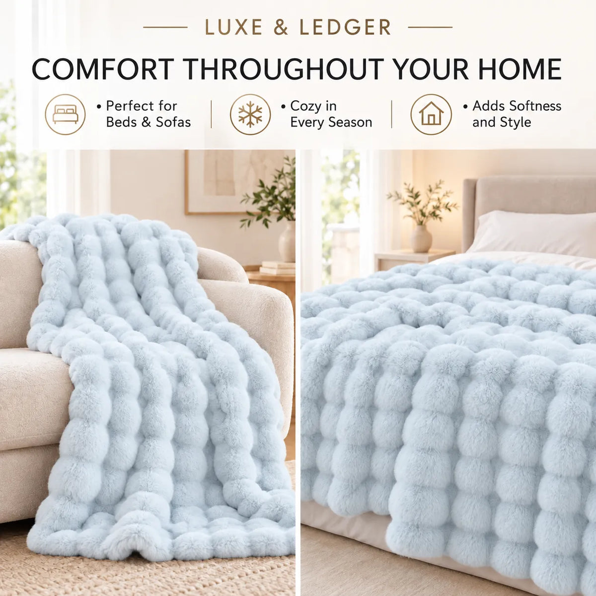 A light blue plush textured throw blanket shown draped over a beige sofa on the left and spread across a bed on the right, with marketing text at the top reading 'LUXE & LEDGER' and 'COMFORT THROUGHOUT YOUR HOME.'.