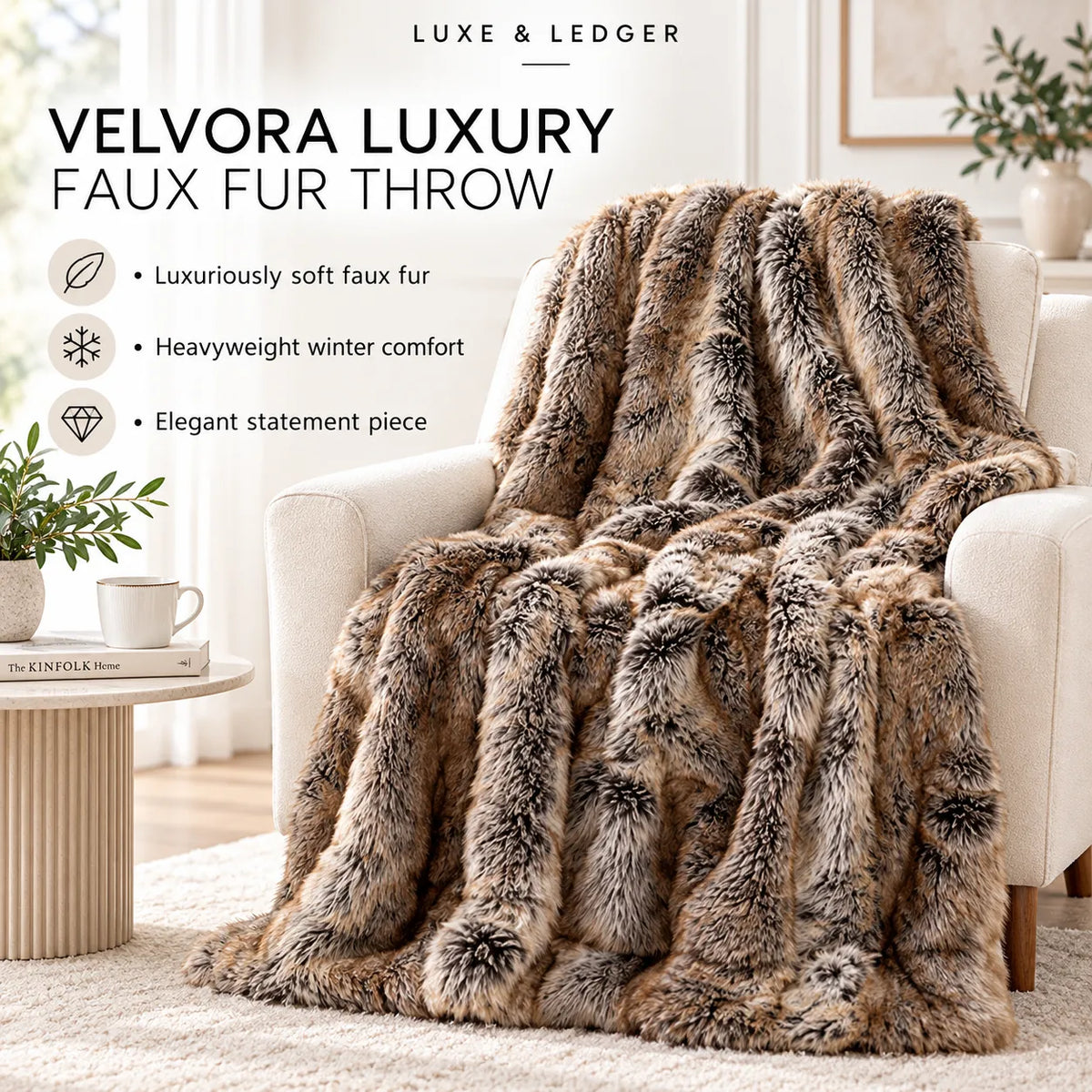 A plush faux fur throw blanket in mixed brown, beige, and gray tones draped over a cream armchair in a bright living room. Text on the left reads 'VELVORA LUXURY FAUX FUR THROW' with feature icons and 'LUXE & LEDGER' at the top.