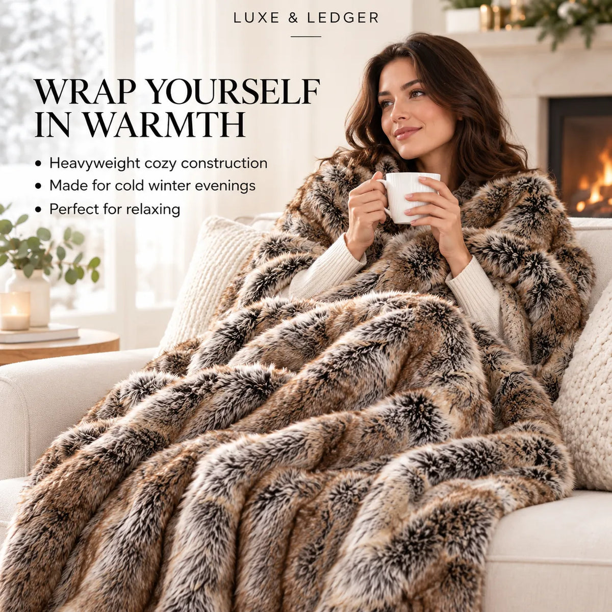 A woman sits on a white couch in a cozy living room, wrapped in a plush faux-fur style blanket with brown, beige, and black mottled tones. She holds a white mug.