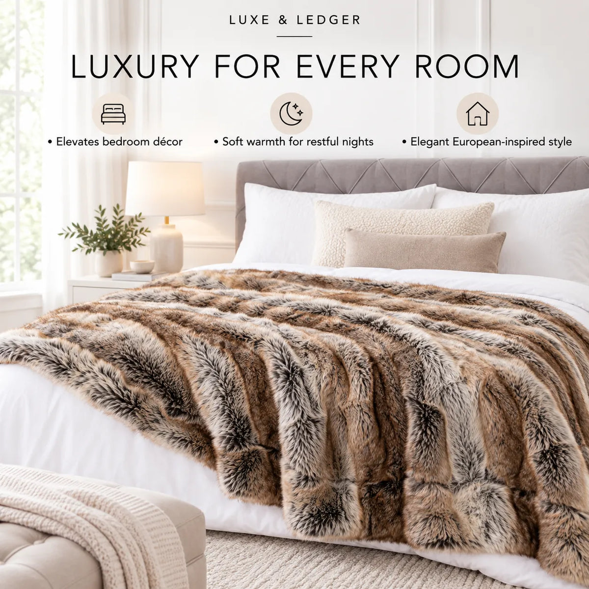 A plush faux-fur style throw blanket in mixed brown, beige, and gray tones draped over a bed in a softly styled bedroom. The scene includes pillows, a headboard, bedside lamp, plant, and text at the top reading 'LUXE & LEDGER' and 'LUXURY FOR EVERY ROOM'.