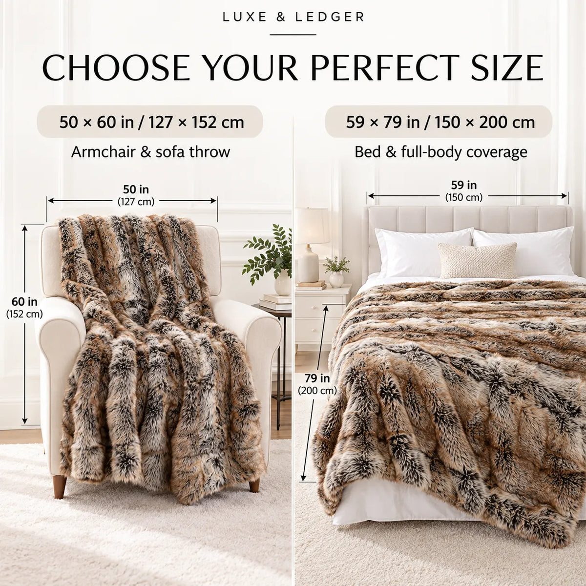 A size guide for a faux fur throw blanket showing two options: one for an armchair and sofa throw (50 x 60 in / 127 x 152 cm) and one for a bed and full-body coverage (59 x 79 in / 150 x 200 cm). The image features a brown and black patterned faux fur blanket draped over a cream armchair on the left, and a matching blanket styled on a bed on the right.