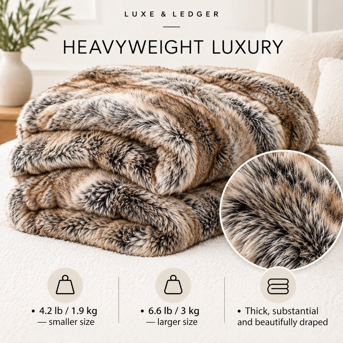 A thick faux-fur throw blanket in mixed brown, beige, black, and white tones is folded on a light sofa. The image includes marketing text reading 'LUXE & LEDGER' and 'HEAVYWEIGHT LUXURY,' plus an inset close-up of the fur texture and feature icons showing weight and thickness.