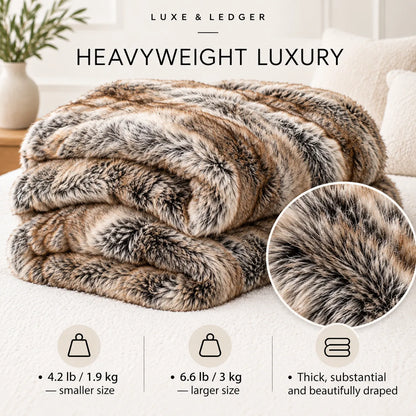 A thick faux-fur throw blanket in mixed brown, beige, black, and white tones is folded on a light sofa. The image includes marketing text reading 'LUXE & LEDGER' and 'HEAVYWEIGHT LUXURY,' plus an inset close-up of the fur texture and feature icons showing weight and thickness.
