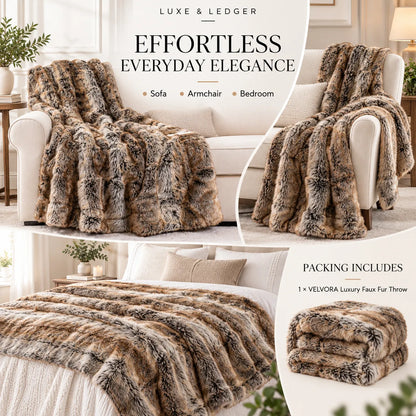 A luxury faux fur throw blanket in a brown and beige animal-print pattern, shown styled on a sofa, an armchair, and a bed in a bright, modern living room. The collage includes text overlays reading 'EFFORTLESS EVERYDAY ELEGANCE' and 'PACKING INCLUDES 1 x VELVORA Luxury Faux Fur Throw', with a folded product shown in the bottom right corner.