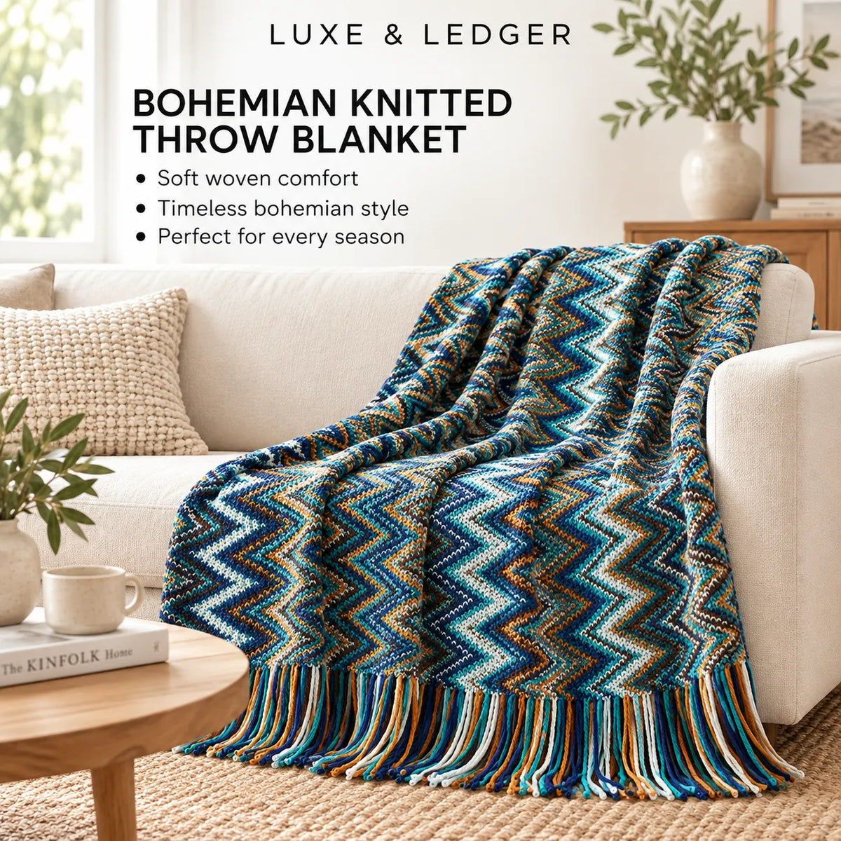 A multicolor bohemian knitted throw blanket with a zigzag chevron pattern and fringe hem, draped over a white sofa in a bright living room setting. Text on the image reads 'LUXE & LEDGER' and 'BOHEMIAN KNITTED THROW BLANKET'.
