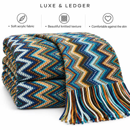 A folded multicolor knit throw blanket with fringe, shown on a white background with three feature icons and the text 'LUXE & LEDGER' above. The blanket has a zigzag chevron pattern in blue, teal, orange, brown, cream, and black.
