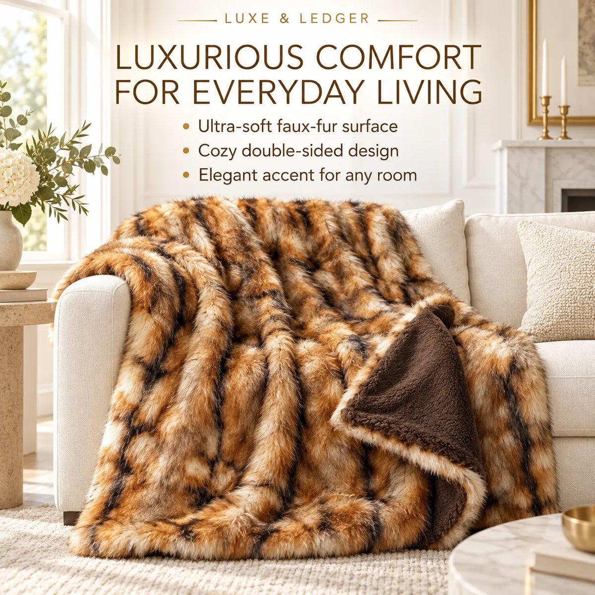 A plush faux-fur throw blanket draped over a cream sofa in a bright living room. The blanket has a warm tan and brown pattern with a dark brown sherpa lining visible on the folded underside.
