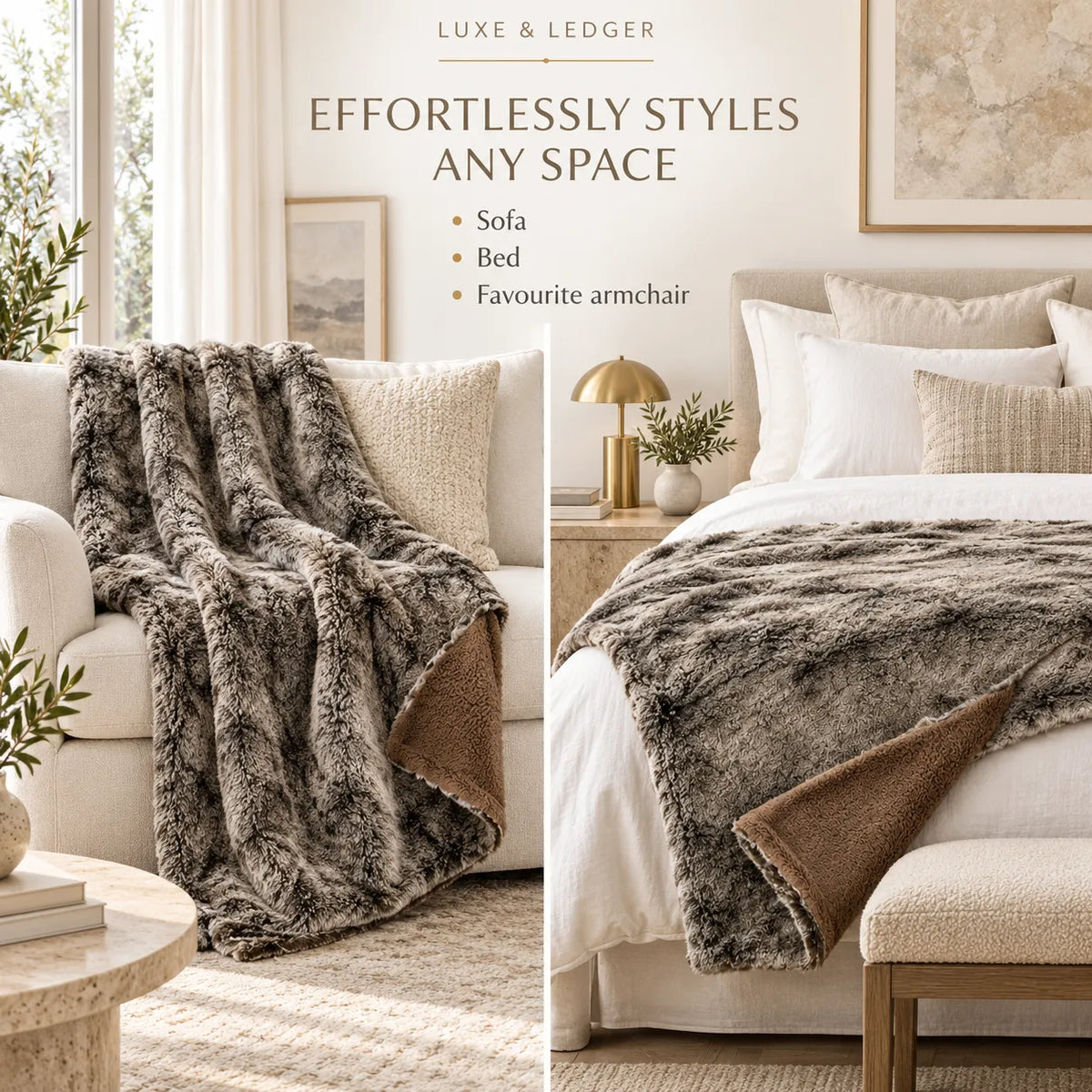 A split lifestyle image showing a plush faux-fur throw blanket styled on a cream sofa and draped over a bed. The blanket has a mottled gray and brown outer side and a solid warm brown reverse side.