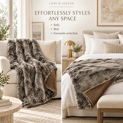 A split lifestyle image showing a plush faux-fur throw blanket styled on a cream sofa and draped over a bed. The blanket has a mottled gray and brown outer side and a solid warm brown reverse side.