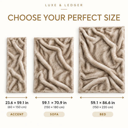 Size guide for Luxe & Ledger textured throw blankets, showing three blanket sizes labeled Accent, Sofa, and Bed with dimensions and arrows on a light beige background.