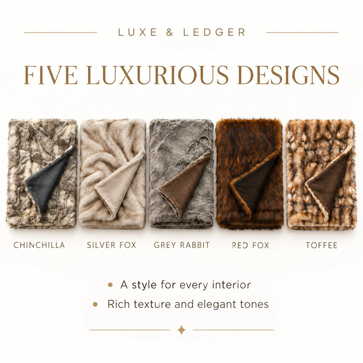A promotional graphic showing five faux-fur or plush fabric swatches labeled Chinchilla, Silver Fox, Grey Rabbit, Red Fox, and Toffee, under the heading 'Five Luxurious Designs.' The layout includes the brand name 'Luxe & Ledger' at the top and bullet points about style and texture at the bottom.