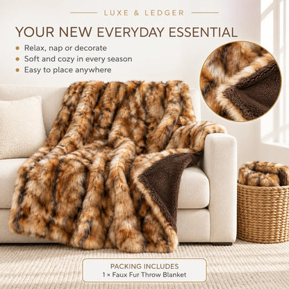 A faux fur throw blanket with a brown and tan spotted pattern and a dark brown sherpa lining is draped over a light beige sofa in a bright living room. The image includes marketing text, a circular close-up of the texture, and a basket with a matching folded blanket.