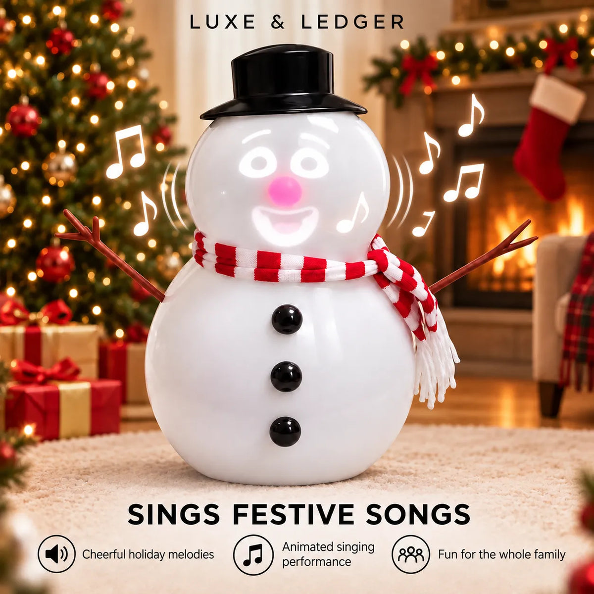 A white snowman-shaped singing Christmas ornament or speaker with a black top hat, red-and-white striped scarf, and black buttons, shown in a festive holiday room with a lit Christmas tree and fireplace. Text at the top reads 'LUXE & LEDGER' and 'SINGS FESTIVE SONGS' with icons below.