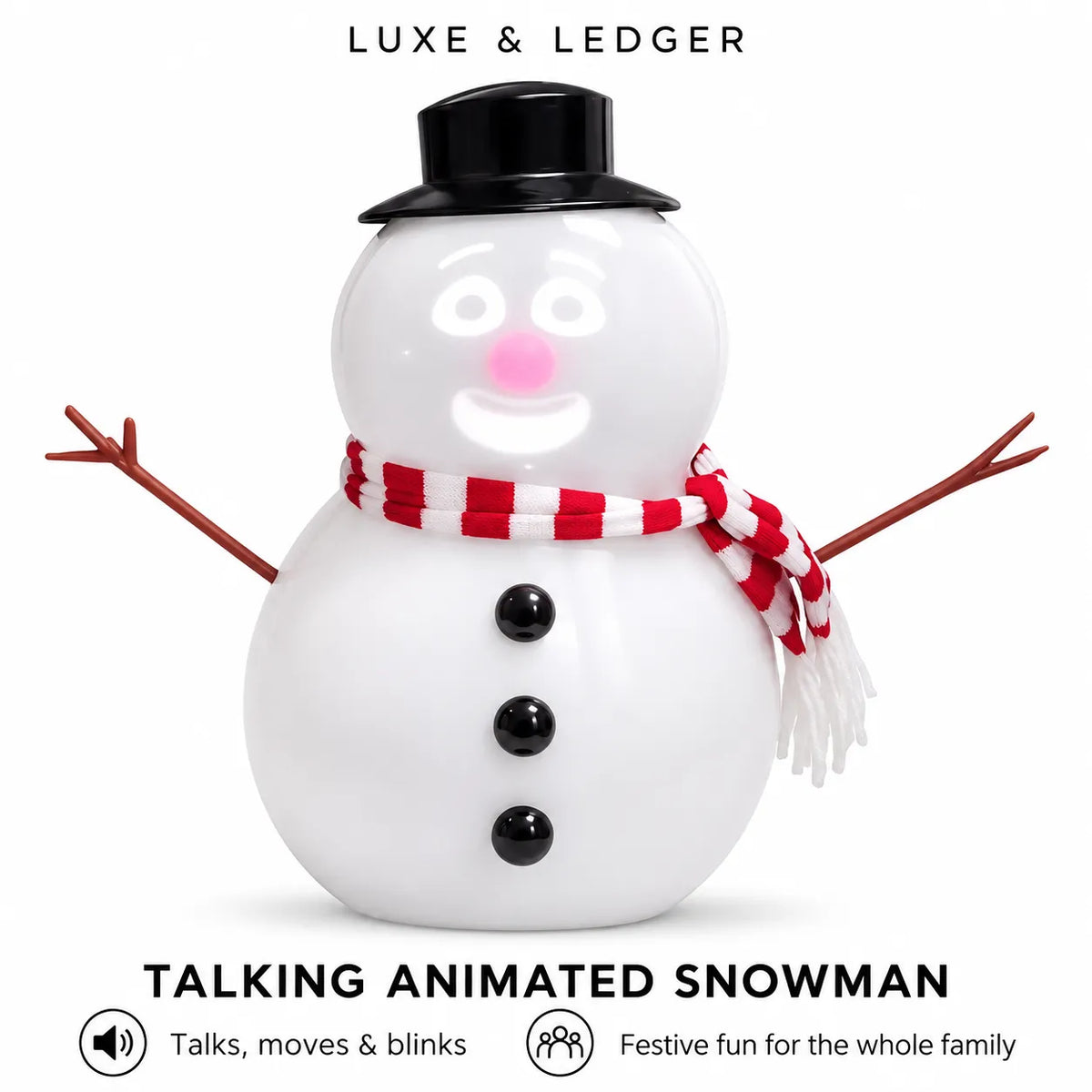 Luxe & Ledger talking animated snowman toy on a white background, featuring a black top hat, red and white striped scarf, twig arms, and a smiling face.