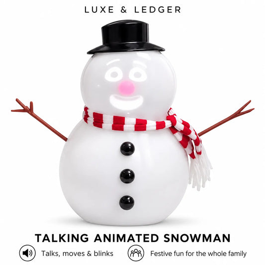 Luxe & Ledger talking animated snowman toy on a white background, featuring a black top hat, red and white striped scarf, twig arms, and a smiling face.