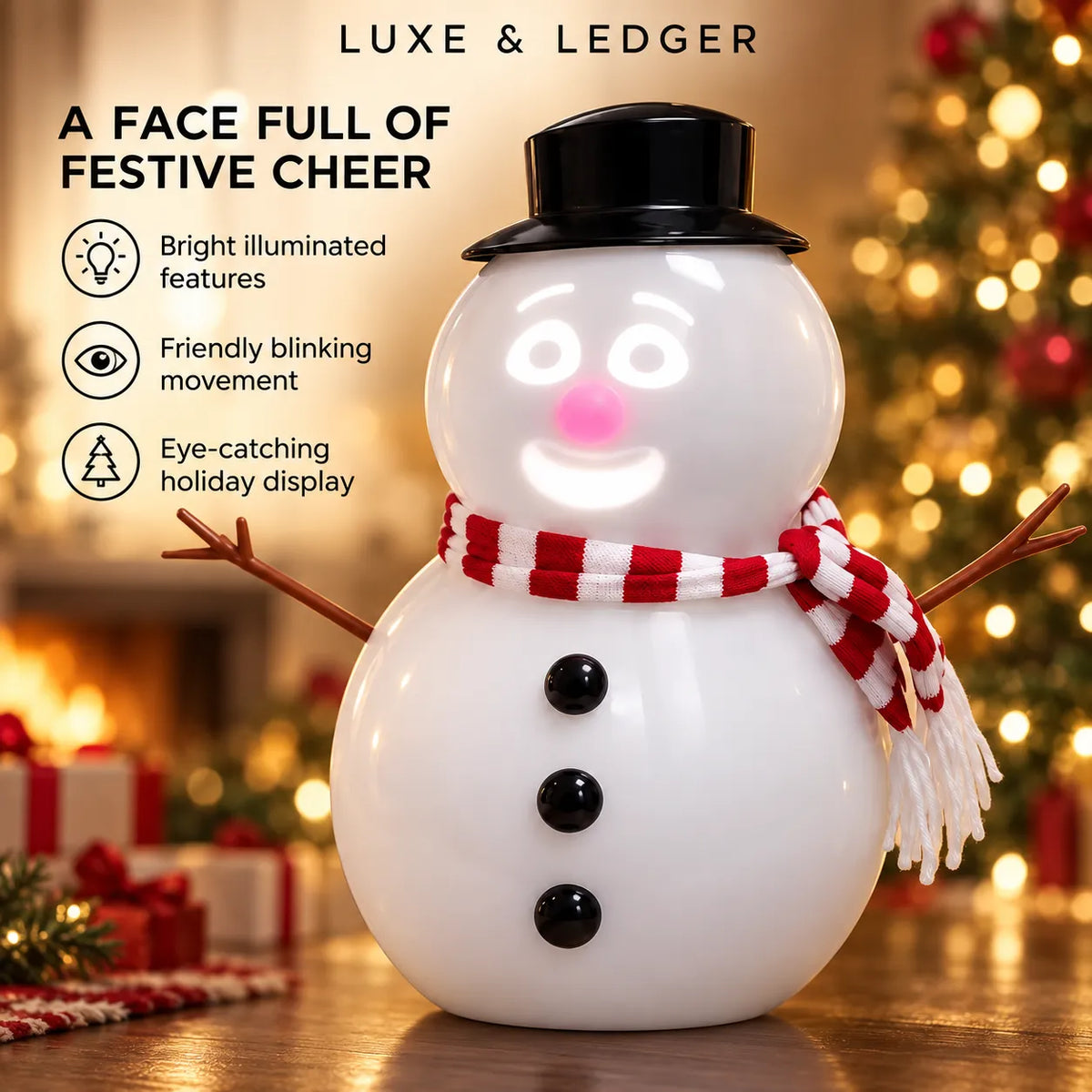 A white LED snowman holiday light with a black top hat, red and white striped scarf, and twig arms, shown on a tabletop with a blurred Christmas tree and gift box in the background. Text on the image reads 'LUXE & LEDGER' and 'A FACE FULL OF FESTIVE CHEER' with feature icons.