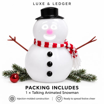 A white talking animated snowman decoration with a black top hat, red and white striped scarf, and black buttons, shown with pine branches and a red ornament on a white background. Text at the top reads 'LUXE & LEDGER' and text at the bottom says 'PACKING INCLUDES 1 x Talking Animated Snowman'.