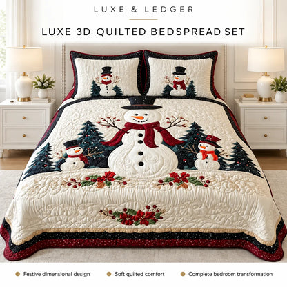 A luxury 3D quilted bedspread set with a festive Christmas snowman design, shown on a bed in a styled bedroom setting. The set includes a quilted bedspread and two matching pillow shams, featuring a large central snowman, smaller snowmen, evergreen trees, and red berries on an off-white background.